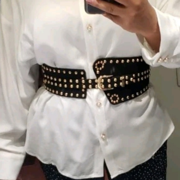 Black vegan faux suede corset gold studs punk wide boho waist belt - Picture 7 of 14